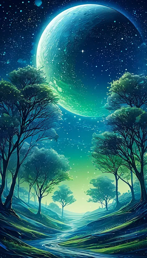 The moon is surrounded by many, many glowing stars. The starry sky is twinkling and light trails are even brighter. Surreal scene. Beautiful and amazing composition. Subtle shadows and highlights. Deep blue, light blue and green tones. More color gradation...