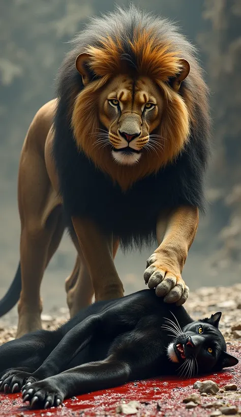 A dead bingal black panther is lying on the ground and a prehistoric woolly lion is stan ding with one foot on top of the lion . black panther face was injured