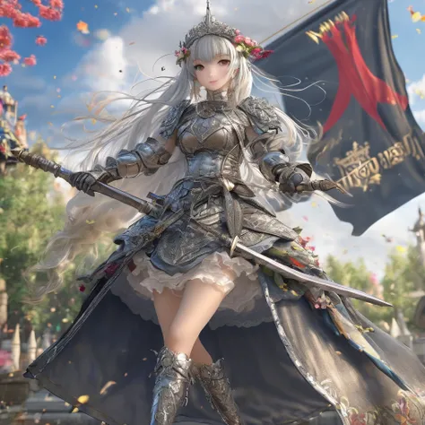 (  highly detailed CG octane rendering 8k wallpaper with a long spear ),  Worlds Most Beautiful Artwork ,  with a flag attached to a long spear, Complex,  high detail, ８ year old girls, Silver embroidery,  medieval long cotton dress（With panniers）, Cotton ...