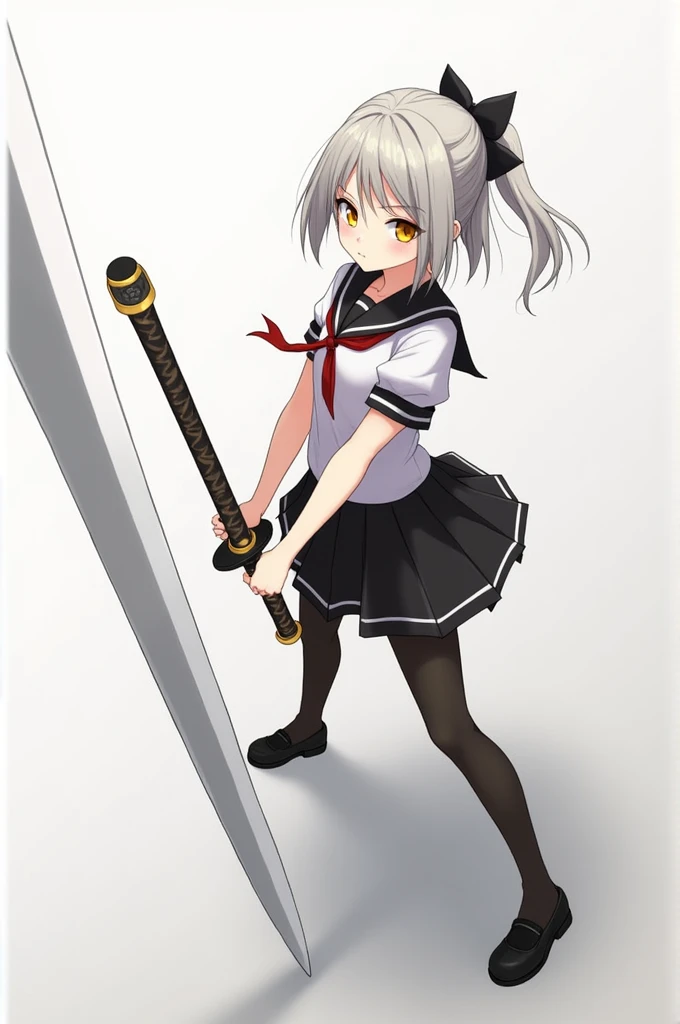  girl,Holding a large sword.,Grayish blonde hair, Tie Short Pony ,Black bow,Yellow eyes, school uniform,Black Calf Neck ,White shirt,Short sleeve shirt, Floating Waistcoat ,Red shirt bow,Black skirt,Black long stockings, Black Student Shoes