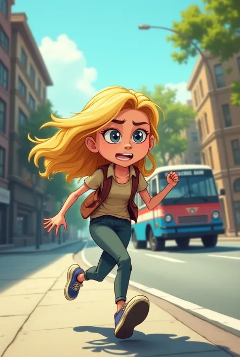 Blonde woman vepasses bus she runs dreadfully after cartoon