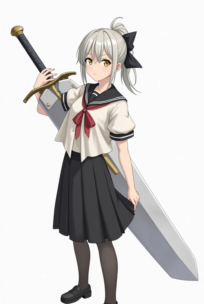  girl,Holding a large sword.,Grayish blonde hair, Tie Short Pony ,Black bow,Yellow eyes, school uniform,Black Calf Neck ,White shirt,Short sleeve shirt, Floating Waistcoat ,Red shirt bow,Black skirt,Black long stockings, Black Student Shoes