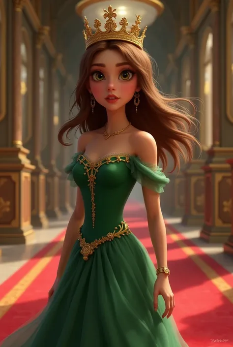 The girl should look like a human being, not a cartoon character.

A princess about 25 years old has brown hair and is wearing a green or red dress. She has a crown on her hair but that crown is about to fall. She has an innocent and scared expression on h...