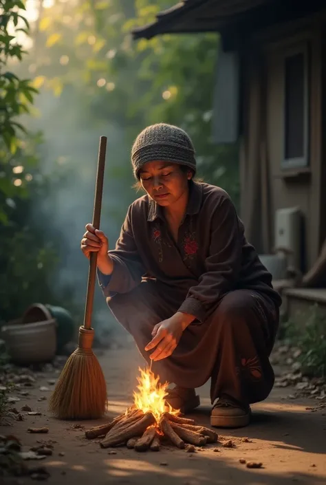 Indonesian woman, 40 years old, wearing a Indonesian grandmothers knitted hat,wearing a long dark brown housedress with a floral motif,wearing clogs,lighting a small campfire using sachet snack wrappers as fuel,holding a broom,simple Indonesian home page b...