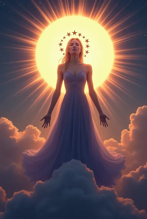 Un grand signe parut dans le ciel: a woman shrouded in the sun , la lune sous ses pieds,  and a crown of twelve stars on her head.
 That it makes the moon really big at the bottom . 
- Le soleil doit couvrir même la lune qui est sous les pieds de cette dam...