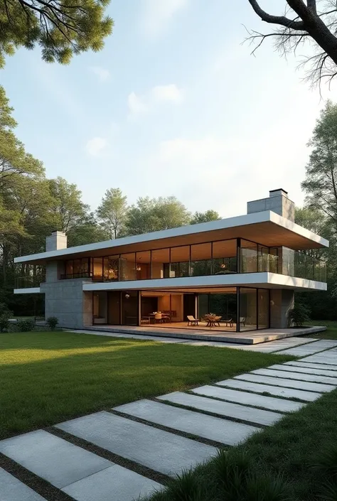 Imagine complete architectural plan of a single-family house for a family of 5 spacious open in the style of Mies van DER Roer with natural space the image please
Isometric view not so symmetrical 
