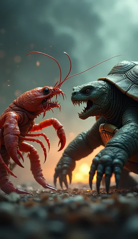 Create an image featuring a prawn and a turtle positioned face-to-face, both in an angry, intense mode. The prawn should have its claws raised, with its body tense and antennae flicked forward in aggression. The turtle, with its shell slightly raised and l...