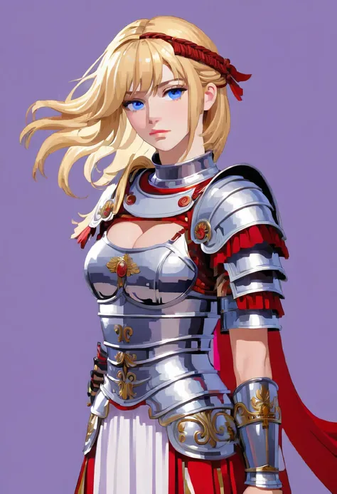 woman, disembodiedhead, holding head, headless, female roman armor, blonde hair, blue eyes, holding sword, holding roman short s...