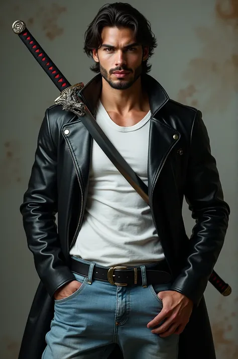 Modelo moreno muscular,  light brown eyes ,  perfect face , bearded,  medium long wavy dark hair ,  crimson lips and mischievous smile ,  sensual look , muscular, camiseta blanca,  long black leather jacket and light blue denim pants , Black military boots...