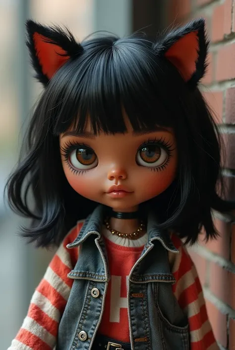 Blythe doll
Girl 
black medium lenght hair, side bangs
Nude lipstick
 brown skin
Wolf cu style haircut
Dressed japanese rock 90’s style 
Dark brown eyes