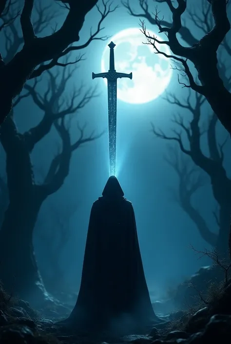 A man in cape, standing in front of  legendary star sword, in the Moonlight of the dark forest. 
Make it more cool and have 3d effect