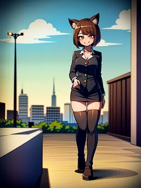 Work clothes,Outdoor,City, Knee High Stockings , 1 girl,whole body,up,front,  high resolution on down,  anatomically correct, Best Quality,  high definition model,  very detailed,  Ultra High Definition,  Textured Skin,  colorful eyes, Brown Hair Short Bob...