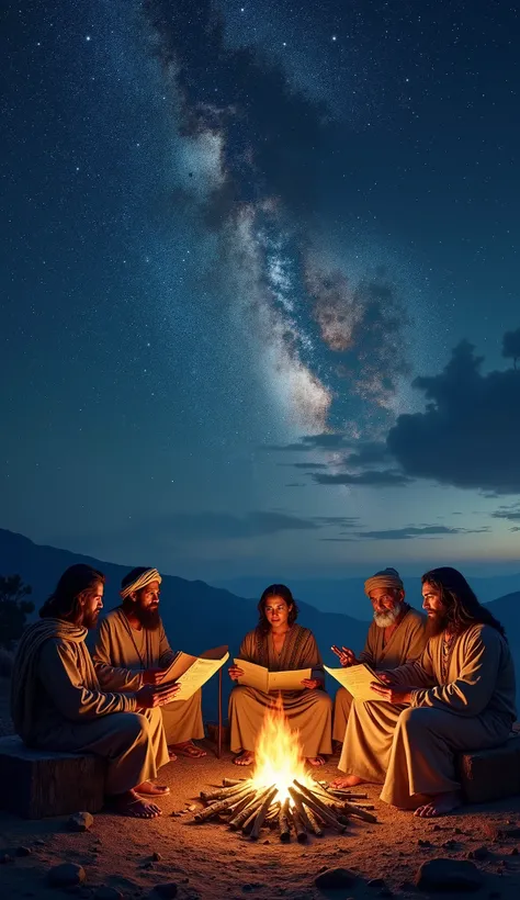 A circle of wise, elderly indigenous figures seated around a fire under a star-filled night sky, sharing ancient scrolls and celestial maps with a young, attentive Jesus; the Milky Way prominently visible above.