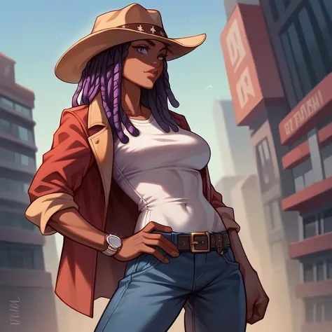  masterpiece ,  best quality ,  ultra high resolution ,  realistic skin texture, 1 African American girl, dreadlocks, belt, hand on hip, hat, Alone, long hair, Wristwatch, purple eyes, watch on left wrist, breasts,  black hair ,  looking at the spectator, ...