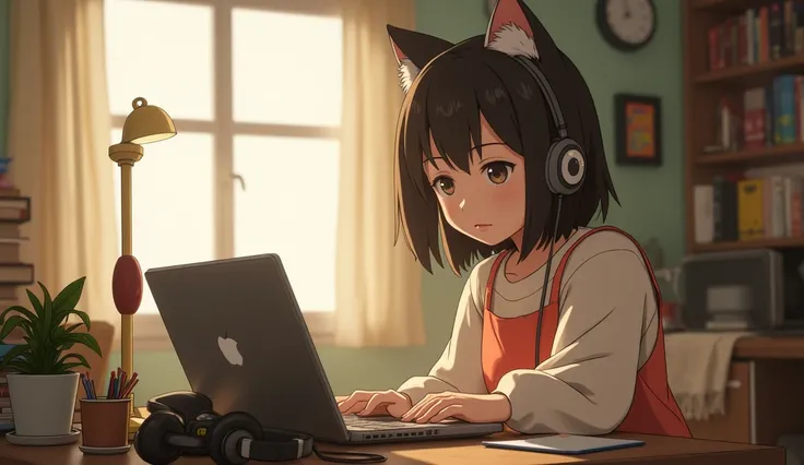 anime character sitting at a desk with a laptop and headphones on, lofi girl, lofi artstyle, lofi art, lofi feel, lofi girl aesthetic, lofi, lofi colors, lofi vibe, style in ghibli anime, lofi hip hop, anime movie screenshot, satoshi kon artstyle, anime ca...