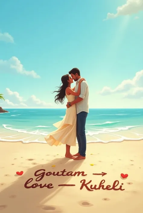 background sea beach in romentic couple. " Goutam Love Kuheli" Write on image