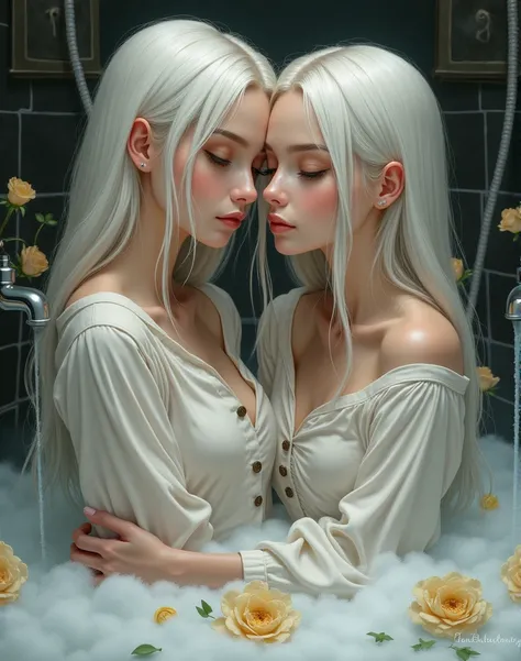  twins brother and sister below platinum hair very long , eyes like steel ,  buttoned blouses they cuddle together (  full body ))), (((from head to toe))), (( Super detailed )), ((masterpiece)), 8 thousand.,   better quality, (((  illustration))), (((Pain...