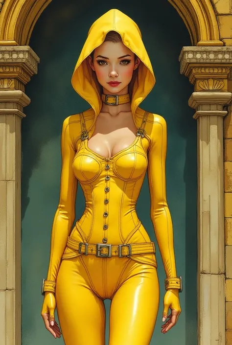 An art nouveau style watercolor image of a slender bald woman dressed in yellow latex. Latex hood. Latex mask. Latex bodysuit. Latex corset. Posture collar. Buckles and straps. Moebius style. Druillet style. Enki Bilal. Mesmerizing look. Ornamental dungeon...