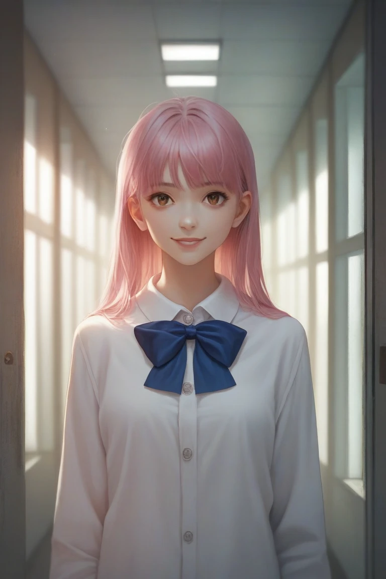 Shouko Nishimiya from A Silent Voice, standing in a brightly lit school hallway, Her light pink hair falls gently around her shoulders, and her brown eyes sparkle with warmth, She wears a white school uniform with a dark blue bow, and a small smile graces ...