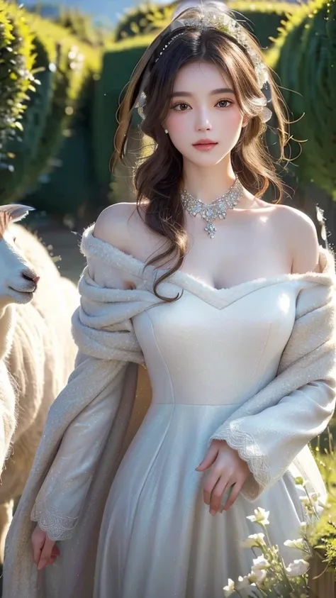 a hyper-realistic, 4k image of a beautiful girl seamlessly blended with the features of a sheep. the woman is wearing an elegant...