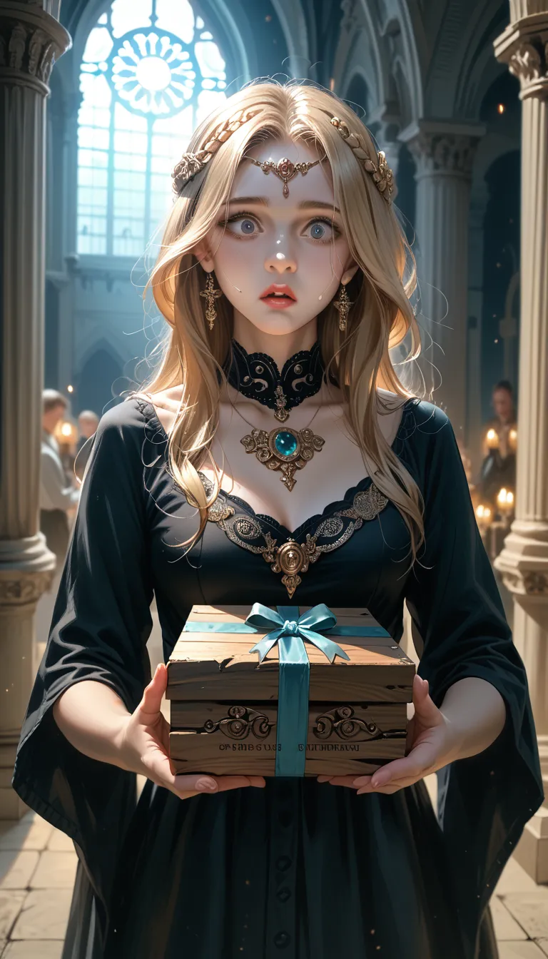 detailed portrait of a beautiful young woman, greek goddess pandora, long blonde hair, cute, looks surprised, holding a black wooden box, a box full of darkness, she looks at the box shes holding, greek mythology, dark night, black dress, detailed facial f...