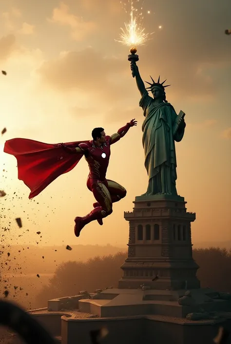 Ironman fight with superman in near statue of Liberty in time of sunset and destroyed many buildings in background 