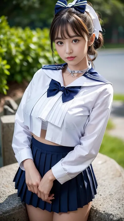 nsfw, 16k raw photos, Best Quality, masterpiece,   Ultra High Definition , membrane grain, ((She is wearing (High school sailor uniform).
( show off your navy sailor color :1.4),(white shirt:1.4),( navy pleated skirt :1.4),(Navy Bow:1.4))).membrane,  1 gir...