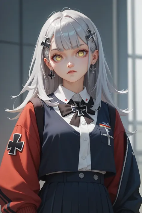 Iron Cross hair ornament on the left only 、Silver Hair Girl、Odd Eye with yellow on the left and red on the right 、German descent、The clothes are Tokyo high school style uniforms and there is no Iron Cross on the clothes、 Germania＝Auguste 