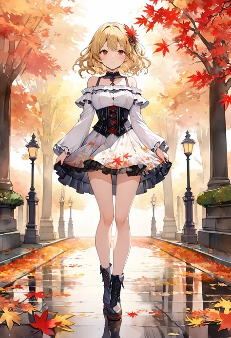 (((nsfw)))、 (((watercolor))), (((gothic))),    若いA woman is standing on an avenue lined with autumn leaves 、 A fascinating scene  ,    Adorned with hair ornaments  、   The pose is medium length  ,       Wavy Blonde Hair  ..。.。Super mini skirt with frills, ...