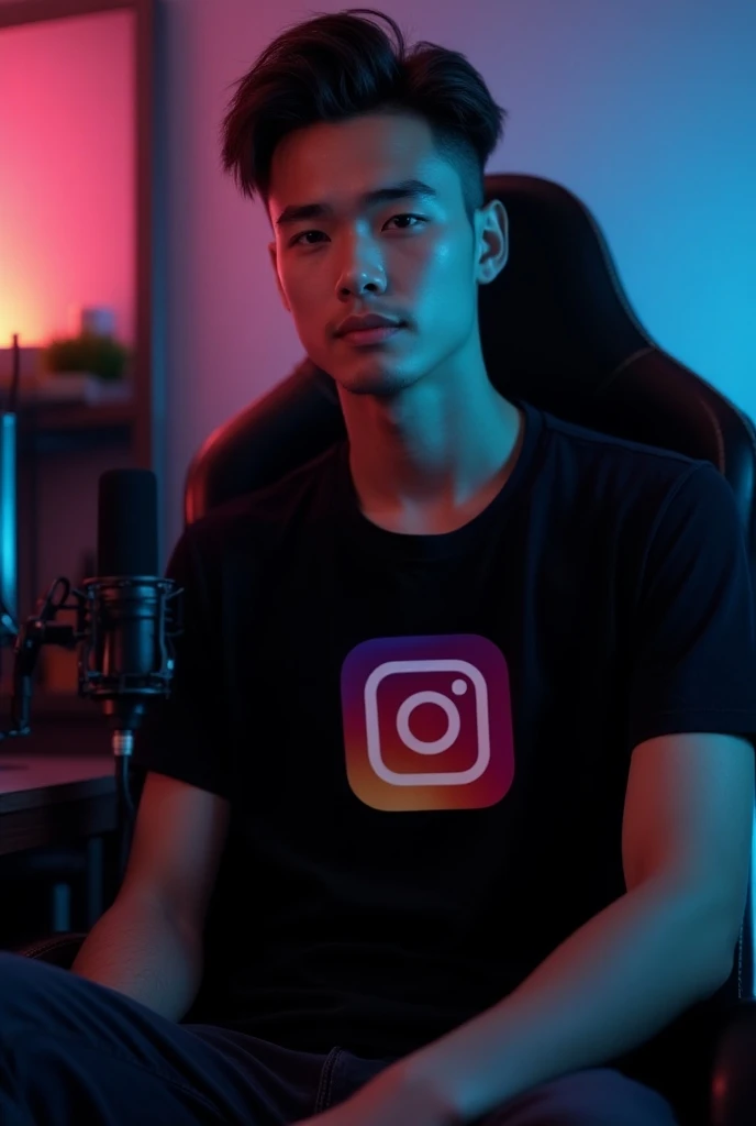 Mujhe ek ladka chahie Jo 18 plus Ho aur han chair per baitha hun uske munh ke aage ek Mike Ho shirt per Instagram ka logo Chhapra Ho gaming chair pe baitha hoon black colour ke kapde ho     Bal Sahi hun Instagram ka logo. Thoda bada ho aur lighting thodi a...