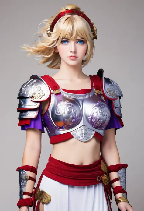 woman, disembodiedhead, holding head, headless, female roman armor, blonde hair, blue eyes, holding sword, holding roman short s...