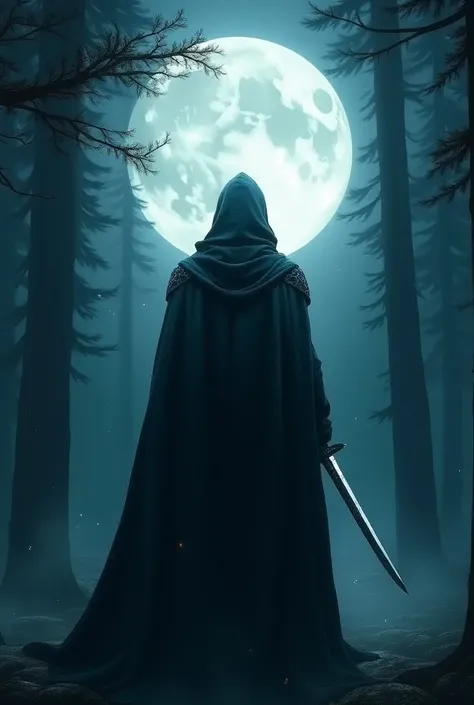 A man in cape, standing in front of  star katana, in the Moonlight of forest