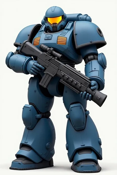 Show me a human soldier in a big combat suit which has big shoulder pads, unproportional legs, yellow visor And a big Maschine gun and his suit is blue with a hints of black. His helmet is round with no sharp edges. His hands are tiny compared to his shoul...