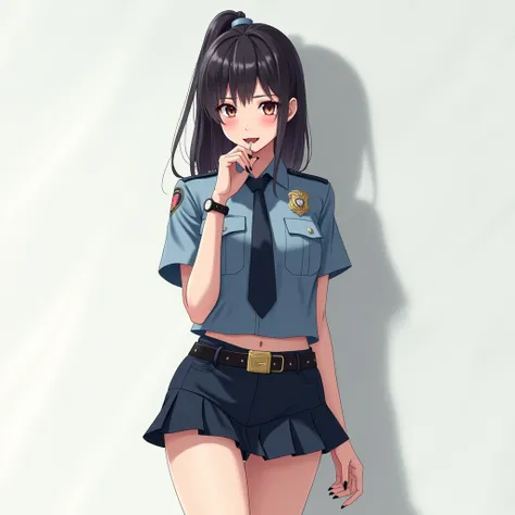  Japanese Women　Age 30　 slender body 　Police Belt with Female Police Officer Exposing Skin 　 ULTRA MINISKIRT 　Short sleeve shirt　 equipped police belt close to mouth with one hand　Wearing a watch　Drunk　(( hiccup))　Standing in front of a white wall　Ultra re...