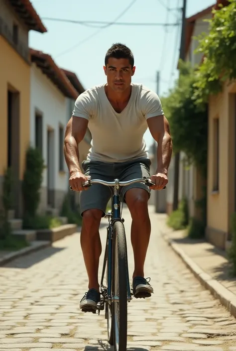 ronaldo riding a bike in a village road