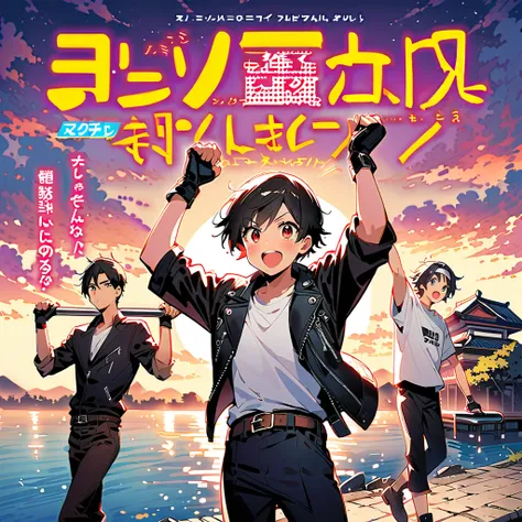 Manga cover , Boys comics, 3 characters,  girl, Manga cover , Shonen Magazine 、Black Hair,  short hair,Red eyes,(( black leather jacket with arms rolled up while holding up at the riverside)), (( white headband on their foreheads )),  opens a jacket,  whit...