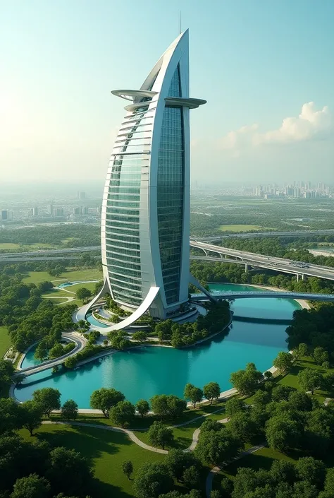 Generate a futuristic big HOTEL LUXURY building DUBAI Style, with the logo SIMBAR CITY, Large Garden, lake bridge, Green City And Natural Settings As Well There Is A Highway, Green City, Realistic Quality Ultra HD