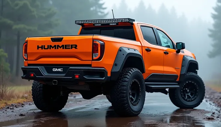 back side view An aggressive, rugged off-road truck named the 2025 GMC Hummer pickup truck with a bright orange and black color scheme, inspired by the Hummer design. The vehicle has a bold, boxy body with sharp, angular lines that emphasize its power and ...