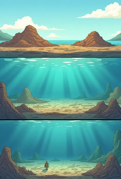 Can you generate a
Panel 3:  The sediment settles at the bottom of the ocean, forming a layer.  A caption reads, "Sediment settles in layers at the bottom of oceans and lakes."
Dialogue:  One layer of sediment says to another, "Were going to be buried unde...