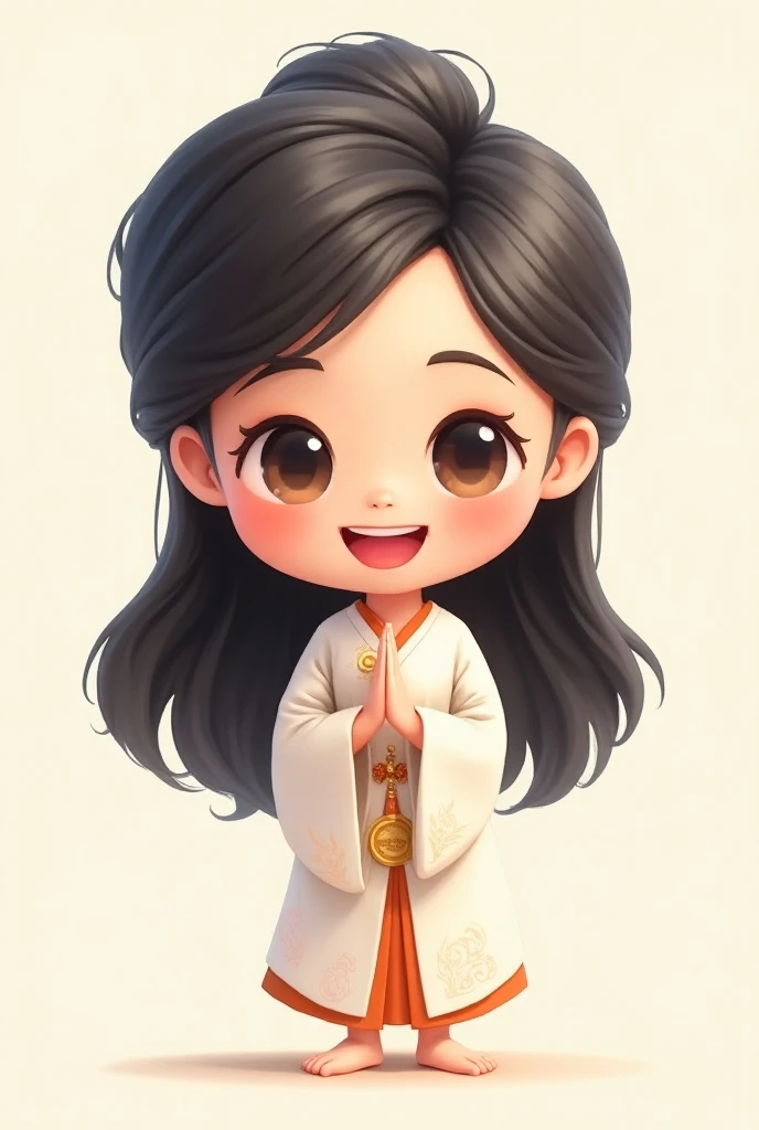 Cute girl Bighead and long black hair, White thai dress, smile face and pray hand , cute cartoon, UHD, 4K, HD, best quality ,Full body