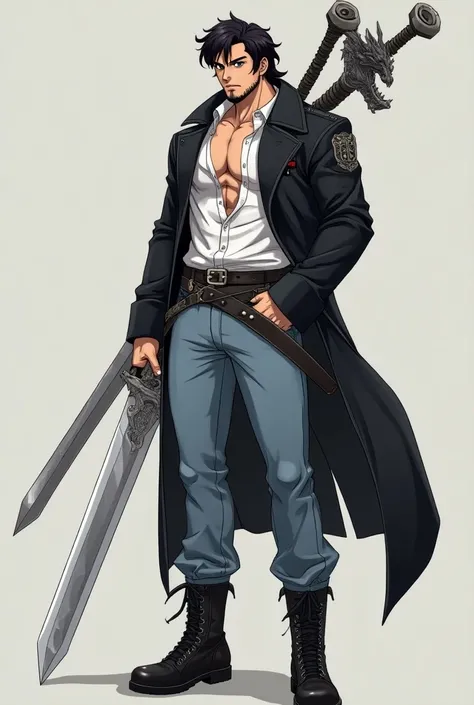 Anime brunette model ,  28 years old very muscular ,  thick short dark beard ,  dark wavy hair ,  light brown eyes , white shirt,  light blue denim pants , cinturon negro,  long and carved black leather jacket ,  black military boots and a silver sword wit...