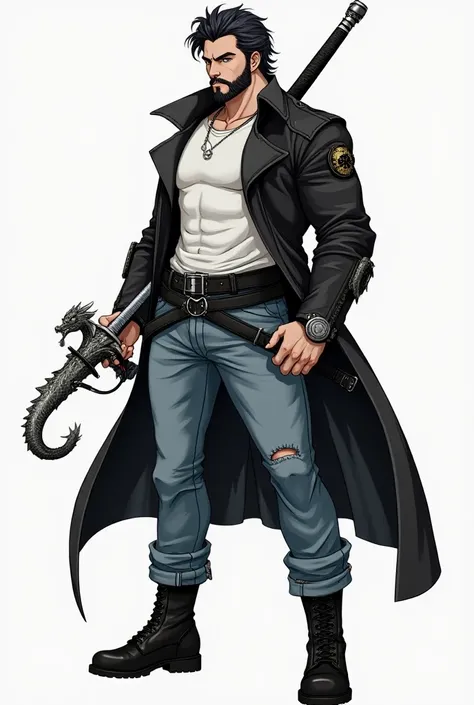 Anime brunette model ,  28 years old very muscular ,  thick short dark beard ,  dark wavy hair ,  light brown eyes , white shirt,  light blue denim pants , cinturon negro,  long and carved black leather jacket ,  black military boots and a silver sword wit...