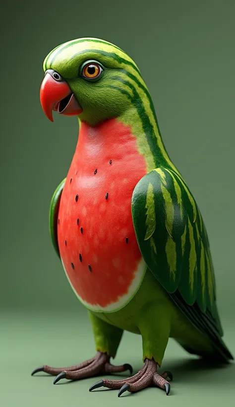 "" "An ultra-detailed, hyper-realistic 8k quality image of a hybrid animal combining a parrot and a watermelon. The animal has the body and wings of a parrot, but its feathers blend with the green-striped texture of a watermelon rind. The chest area featur...