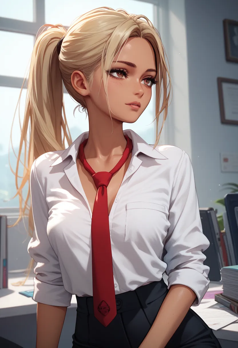 1 girl , 1 frame,  high school of the dead , 4k, latina, in office clothes, in a blouse, in a shirt and tie, sexy look, tan, dar...