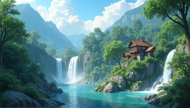 Create for me an image of a landscape of green trees, waterfalls, blue clouds and a house, peaceful, clear, quiet.