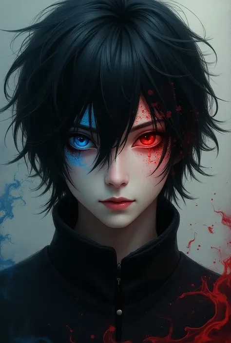 An Odei boy with black hair, right blue eye, left red eye
Blue Aka painting style