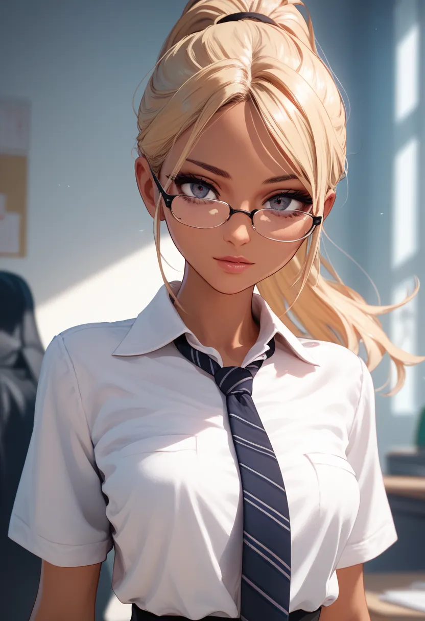 1 girl , 1 frame,  high school of the dead , 4k, latina, in office clothes, in a blouse, in a shirt and tie, sexy look, tan, dar...