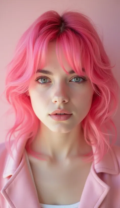 a portrait of a (youthful muse:1.3), (vivid pink tresses:1.2), piercing gaze, soft light accentuating delicate features, subtle ...