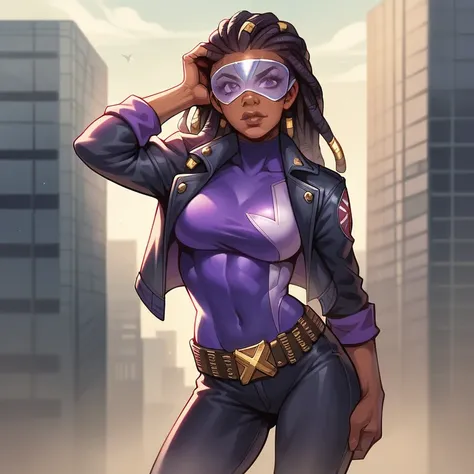  masterpiece ,  best quality ,  ultra high resolution ,  realistic skin texture, 1 African American girl, dreadlocks, belt, Alone, long hair, purple eyes,  superhero visor  , breasts,  black hair with purple lines ,  looking at the spectator, purple hair, ...