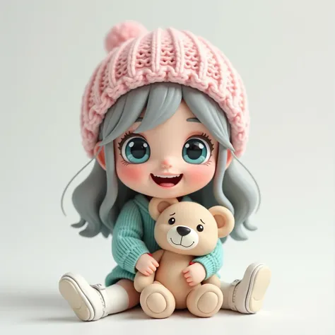 "Create a 3D art toy of a  girl with ashen-gray hair, wearing a pastel pink knitted hat. She has large turquoise eyes and is sitting happily hugging a teddy bear, with a joyful smile. She is dressed in a pastel blue knitted sweater, white sneakers, and whi...